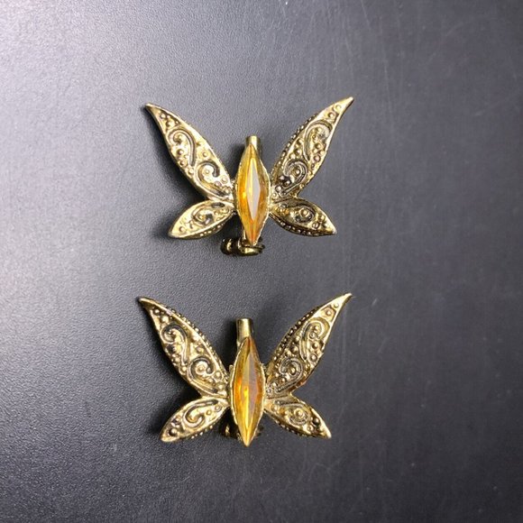 Butterfly Scatter Pin Set Small Brooch Lot Gold Tone Amber Rhinestone Vintage - Picture 3 of 6